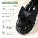 レディース ローファー リボン付き 光沢PU 厚底 チャンキーヒール 約5cm ブラック 22.5～25.0cm