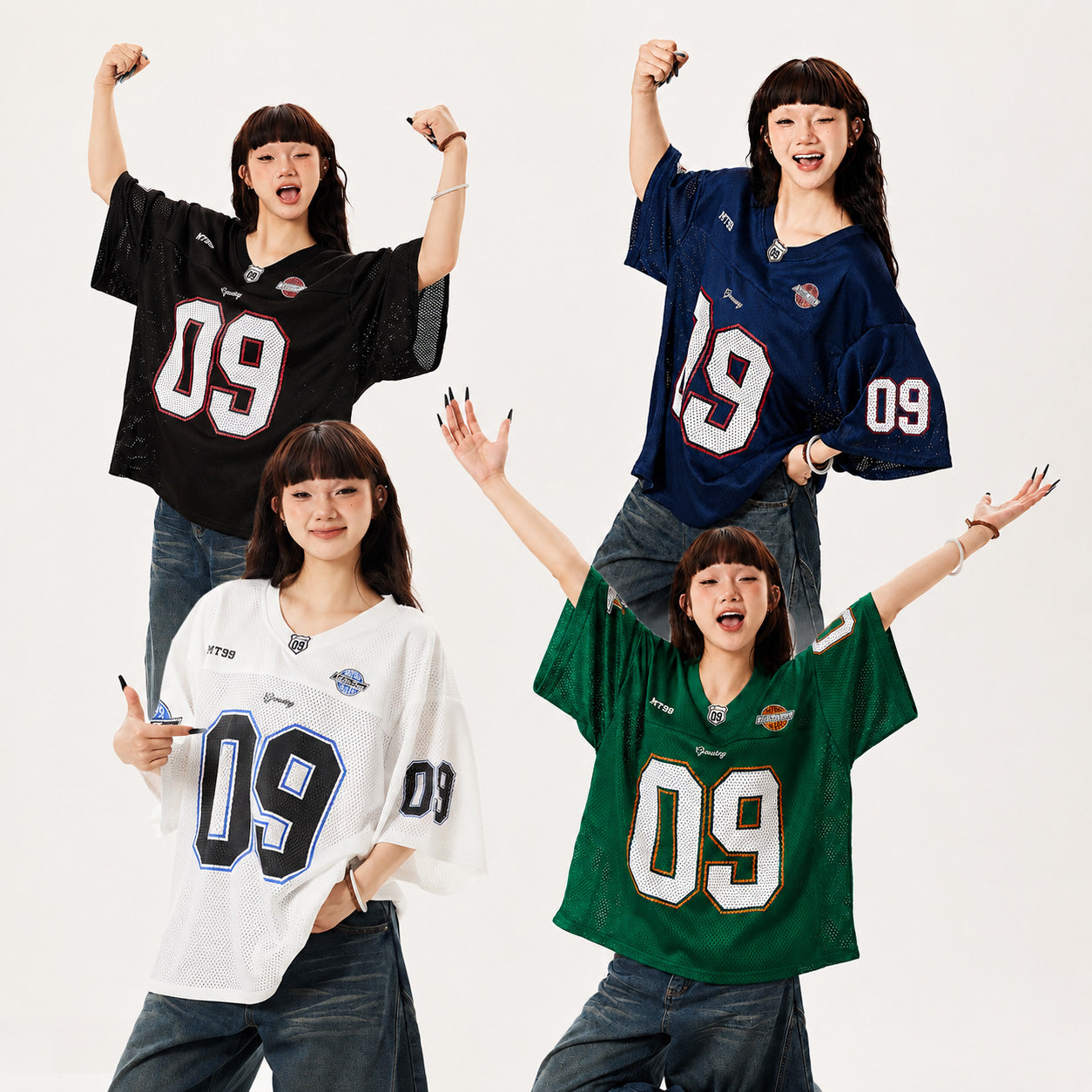 レディース メッシュ ナンバージャージ 半袖 Vネック オーバーサイズ スポーツユニフォーム風 09デザイン M～3XL ホワイト ブラック グリーン ネイビー