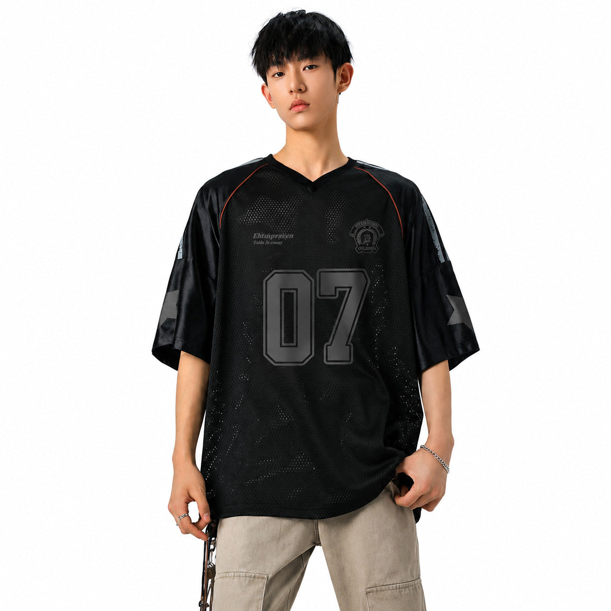 メッシュ ナンバージャージ 半袖 Vネック 07デザイン アメフト風 オーバーサイズ M～3XL ホワイト ブラック